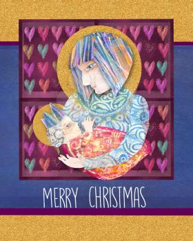 Christmas religious card with Mary and baby Jesus. Abstract painting. Holy family design. Christmas nativity scene