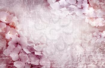 Floral postcard. Can be used as greeting card, invitation for wedding, birthday and other holiday happening. Hydrangea flowers. Art floral grunge background. Beautiful hydrangea with copy space.