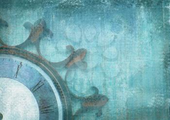 Fragment of the old vintage wall clock with roman numbers on a grunge background. Abstract composition for your design. Blue illustration of part clockface without arrows in the shape of ship wheel.