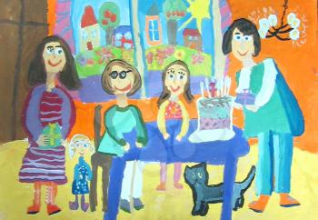 Children's drawing. Birthday party with family. Seven years. Happy family celebrating a birthday and gives gifts.