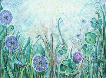 Acrylic landscape. Blue allium flowers,clover,dandelion and dragonfly. Spring blooming meadow plants. Sunny grassland with flowers. Floral background. Old texture. Interior decor.