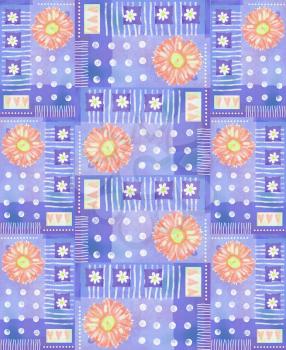Pattern with orange watercolor gerbera and hearts on a violet polka dot background. Floral background. Beautiful design. Can be used for textile, wallpaper, wraps, pattern fills, web page background.