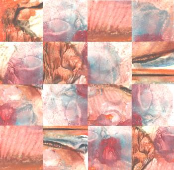 Picture - puzzle. Mixed piece of textured watercolor monotype. Abstract geometric painting. Colorful squares gradient. Grunge background. Can be used for web page background, identity style, printing.