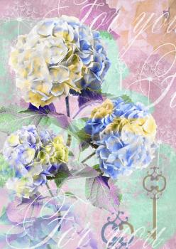 Floral postcard. Can be used for greeting or invitation, mothers day, valentines day, birthday cards, gift warp. Hydrangea flowers.