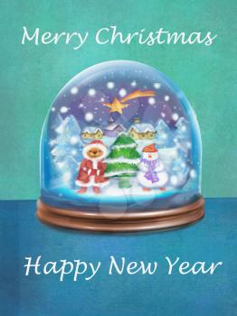 Festive card with snow globe and wishes of Merry Christmas and Happy New Year. Snow glass ball with christmas trees, snowman, star, shining from heaven on houses and snowflakes.