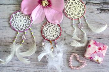 Dreamcatcher with feathers on a wooden background. Ethnic design, boho style, tribal symbol.