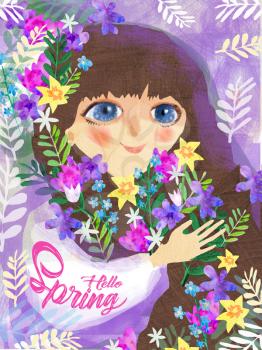 Little girl with spring flowers.Hello spring illustration with little girl with big blue eyes and dark hair with spring flowers.