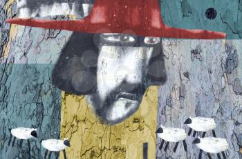 Art of collage with the image of a man in red hat. The technique of authorship using different textures. Shepherd and sheep