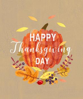 Happy Thanksgiving day card design. Composition of plants, leaves and pumpkin. Autumn greeting card.