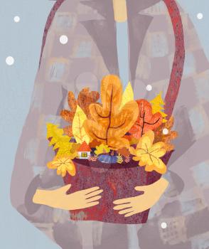 Autumn landscape in a handbag. A girl in a plaid wool coat.