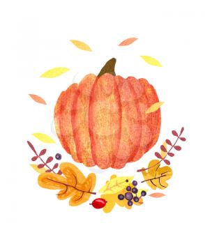 Composition of plants, leaves and pumpkin.Autumn illustration isolated on a white background.