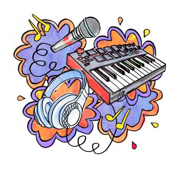 Collage in cartoon style on the theme of music. Isolated composition on a white background. Illustration - sticker, print.