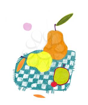 Decorative still life with pears, apple and plum. Illustration in naive style.