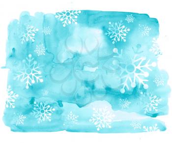 Watercolor background with snowflakes on white background for wallpaper design. Decorative abstract paper snowflake. Snowfall background.