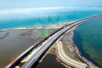 Crimean bridge before the opening of traffic on it. Grandiose construction through the Kerch Strait. Megastore.