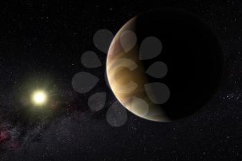 A large gas planet on the background of its star. Computer graphics. Exoplanet in the artist's view.