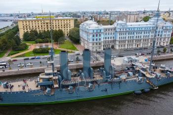 Pererburg, Russia - May 29, 2018: Cruiser Aurora in the River Neu, the city of St.Petersburg. Open to tourists. The symbol of the revolution of 1917.