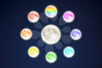 Rainbow colored moons around the full moon on starry sky. Full moon and stars.
