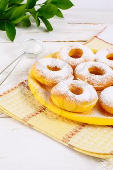Sweet donuts with caster sugar. Hanukkah homemade donuts. Sweet dessert. Sweet pastry doughnuts.  