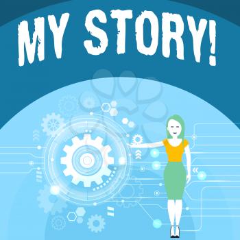 Writing note showing My Story. Business concept for your past life events actions career or choices you have made Woman Presenting the SEO Process with Cog Wheel Gear inside