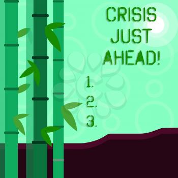 Conceptual hand writing showing Crisis Just Ahead. Concept meaning Foresee failure take right action before it is late Colorful Set of Leafy Bamboo and Moon or Sun with Round Beam