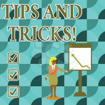 Handwriting text writing Tips And Tricks. Conceptual photo means piece advice maybe suggestion how improve Businesswoman Holding Stick Pointing to Chart of Arrow Upward on Whiteboard