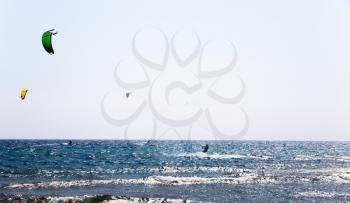 Sunny day on the blue sea with blue sky. Surfers with parachutes on the sea waves. Action sport with parachutes and surfing boards. Beautiful sunny day on the sea with waves.