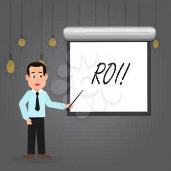 Word writing text Roi. Business photo showcasing Return on investment perforanalysisce measure gains business growth Man in Necktie Talking Holding Stick Pointing to Blank White Screen on Wall
