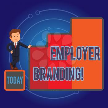 Writing note showing Employer Branding. Business concept for promoting company employer choice to desired target group Businessman Presenting Growth and Success in Graph Columns