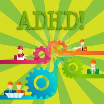 Word writing text Adhd. Business photo showcasing Learning made easier for children teaching no more a difficult task Cog Gear Setting Icon Connecting Men from Different Professional Character