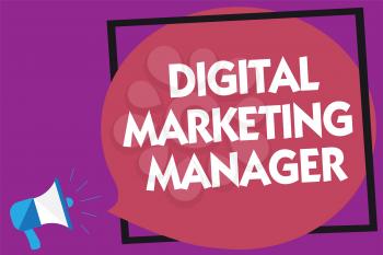 Text sign showing Digital Marketing Manager. Conceptual photo optimized for posting in online boards or careers Megaphone loudspeaker loud screaming purple background frame speech bubble