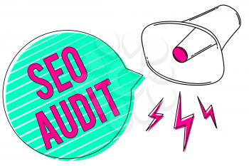 Conceptual hand writing showing Seo Audit. Business photo showcasing Search Engine Optimization validating and verifying process Megaphone green speech bubble stripes important loud message