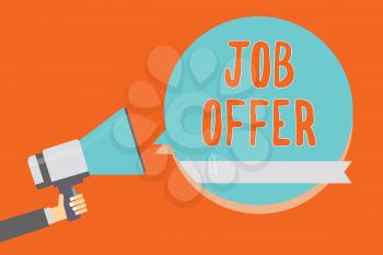 Conceptual hand writing showing Job Offer. Business photo showcasing A peron or company that gives opurtunity for one's employment Man holding megaphone blue speech bubble orange background
