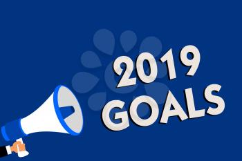 Writing note showing 2019 Goals. Business photo showcasing A plan to do for something new and better for the coming year Man holding megaphone loudspeaker blue background message speaking