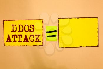 Conceptual hand writing showing Ddos Attack. Business photo showcasing perpetrator seeks to make network resource unavailable Yellow paper notes reminders important messages to remember