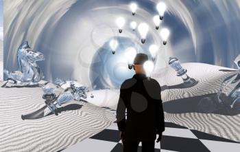 Surreal desert. Man in suit stands on checkered road. Light bulbs represents ideas. 3D rendering
