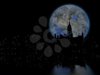 3D rendering. Terraformed moon over night city.