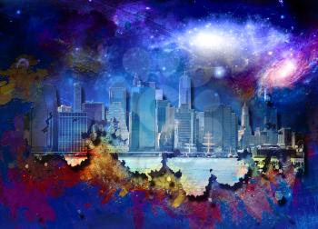 Abstract colorful composition. New York cityscape. Bright galaxies in the sky. 3D rendering