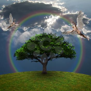 Angels above green tree. Dramatic clouds and rainbow. 3D rendering.