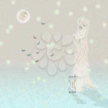 Woman`s marble statue and butterflies. Glowing moon and hourglass.