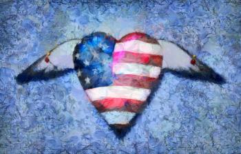 Surreal painting. Winged heart in national colors.