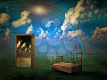 Surreal composition. Doorway to another world. Bed