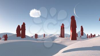 Figures in red robes in the white desert