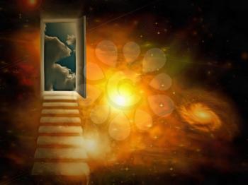 Surreal painting. Open door to another world.
