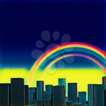 Modern abstract painting. Cityscape with skyscrapers. Rainbow in the sky.