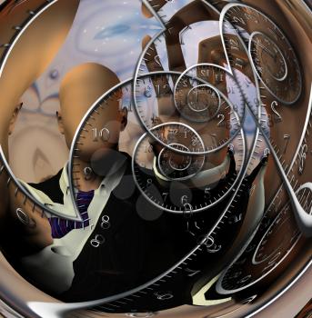 Faceless man and time spirals. 3D rendering