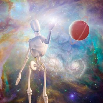 Robot and deep space. Red planet and vivid galaxies