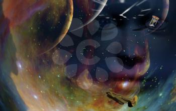 Sound of Universe. Mystic face, hourglass and brass trumpet in vivid space