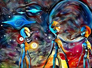 Colorful surreal painting. Three aliens. Flying saucers in the sky