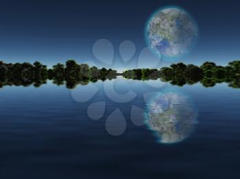 Surreal digital art. New Home. Green trees in the water. Giant terraformed moon in the sky.